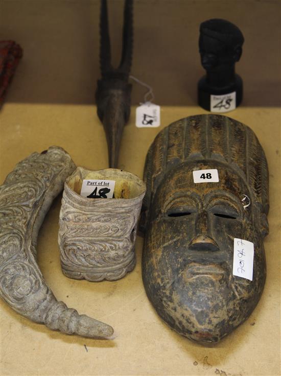 African mask/carvings and horn